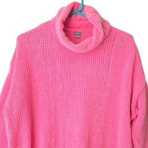 Aerie Pink Chenille Turtleneck Sweater Oversized Chunky Knit Pointelle S/P